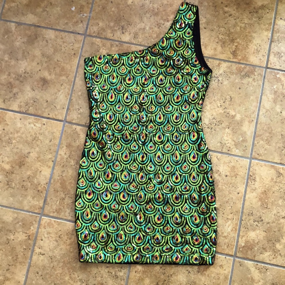 Rainbow sequin 1 strap mini dress